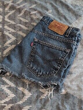 Levi's Dark Blue Frayed Denim Cutoff Shorts